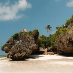Zanzibar pora deszczowa. Skalista plaża z chatkami na klifie i palmą. W oddali widać samotną postać w czerwonej szacie.