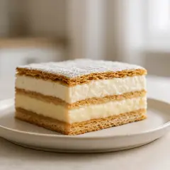 Pyszne ciasto 3 bit z mascarpone i budyniem, posypane cukrem pudrem, na talerzyku.