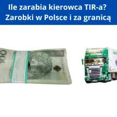 Ile można zarobić na firmie transportowej? Stos banknotów i zielona ciężarówka symbolizują potencjalne dochody kierowcy TIR-a w Polsce i za granicą.