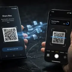 Dwa telefony, jeden udostępnia pliki przez QR kod, drugi je odbiera. Szybkie udostępnianie danych, jak tethering, bez kabli.