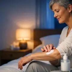 Donna anziana applica crema sul braccio per alleviare il prurito in tutto il corpo la sera. Luce soffusa da una lampada da comodino.