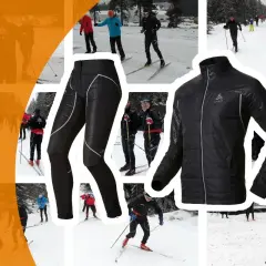 Kolaż zdjęć osób jeżdżących na nartach biegowych w zimowej scenerii, z widocznym czarnym ortalionowym kompletem odzieży sportowej.