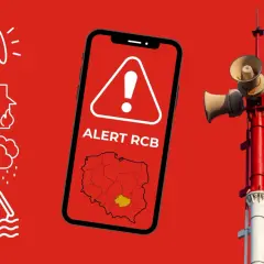 Ikony ostrzegawcze: syrena, pożar, burza, powódź. Telefon z napisem ALERT RCB i mapą Polski. Co oznaczają 4 sygnały straży pożarnej?