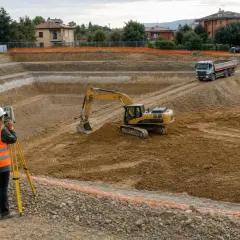 Operai supervisionano uno scavo a sezione ristretta con escavatore e camion.