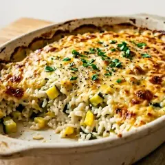 Un gratin de riz aux courgettes et oignons, doré au four, garni de persil frais. Un plat réconfortant et savoureux.