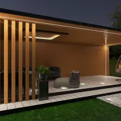 Nowoczesna altana z oświetleniem LED, idealna jako lampa do oświetlenia podwórka. Wygodne meble i huśtawka zapraszają do relaksu.