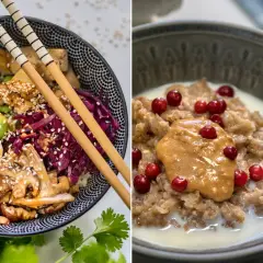 Två skålar med mat: en poke bowl med tofu, edamame och ägg, samt gröt med lingon och jordnötssmör. Båda är exempel på fiberrik kost.