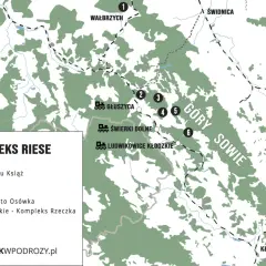 Mapa turystyczna Komplexu Riese w Górach Sowich. Wskazuje lokalizacje podziemi zamku Książ, Pałacu Jedlinka, Włodarza, Podziemnego Miasta Osówka, Sztolni Walimskich i Muzeum Molke.