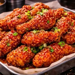 En bricka med krispiga, glaserade bitar av **korean fried chicken**, toppade med sesamfrön och salladslök.