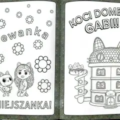 Koci domek Gabi kolorowanka: Gabi i Pufiś otoczeni kwiatkami, obok zjeżdżalnia i domek w kształcie kota.