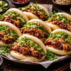 En tallrik med fluffiga bao buns fyllda med kött, gurka och toppade med salladslök. Ett perfekt bao buns recept för en smakrik måltid.