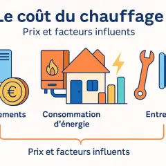 Illustration montrant les facteurs influençant le coût du chauffage : équipements, consommation d'énergie et entretien.