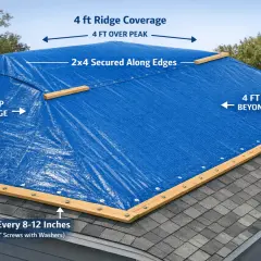 Diagram showing how to tarp a roof with a blue tarp, 4 ft overlap, and 2x4s secured along edges.