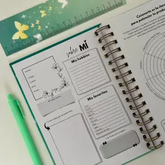 Agenda abierta con secciones para hobbies, favoritos y metas. Incluye un gráfico de áreas de vida y un espacio para planificar los **trimestres del año**.