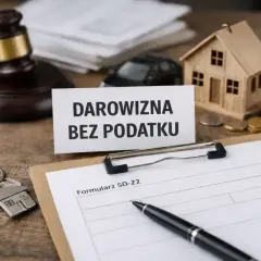 Formularz SD-Z2, klucze, domek i monety symbolizują zgłoszenie darowizny online bez podatku.