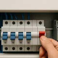 Dłoń włącza bezpiecznik w skrzynce elektrycznej. Wywaliło korki jak włączyć? Ten obrazek pokazuje, jak to zrobić.