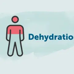 Symbol einer Person mit halb rotem Oberkörper und dem Wort "Dehydration". Achten Sie auf Dehydrierungssymptome im Alter.