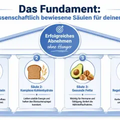 Vier Säulen für erfolgreiches Abnehmen ohne Hunger: Protein, komplexe Kohlenhydrate, gesunde Fette und Bewegung. So vermeidest du Hunger im Kaloriendefizit.