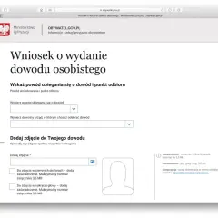 Formularz wniosku o wydanie dowodu osobistego. Wpisz serię i numer dowodu, wybierz powód ubiegania się o dokument i urząd odbioru. Dodaj zdjęcie.