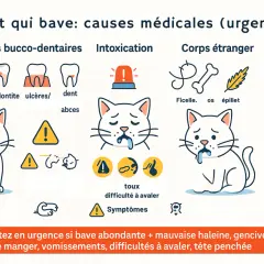 Illustration expliquant pourquoi mon chat bave : problèmes dentaires, intoxication, corps étranger, maladies. Urgence si bave abondante, mauvaise haleine, etc.