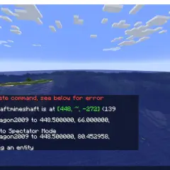 Gracz próbuje użyć komendy teleport minecraft, ale pojawia się błąd. Widać też informację o najbliższym szybie kopalnianym.