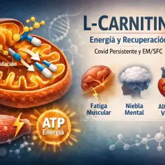 La L-Carnitina ayuda a la beta-oxidación en mitocondrias para generar ATP y energía, combatiendo fatiga muscular, niebla mental y problemas vasculares, útil para Covid persistente.