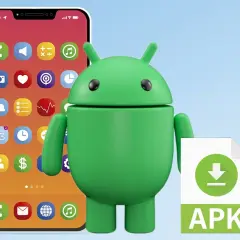 Zielony robot Androida obok telefonu z ikonami aplikacji i plikiem APK. To symbolizuje honda connect wgrywanie aplikacji.