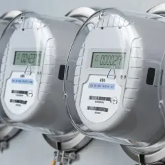 Rząd nowoczesnych liczników energii elektrycznej z cyfrowymi wyświetlaczami.