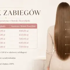 Cennik zabiegów: Nanoplastia, Keratyna, Botoks Brazylijski. Ceny zaczynają się od 400 zł. Dowiedz się, ile kosztuje dekoloryzacja i inne usługi.