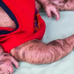 Dziecko z arlekinową rybią łuską, chorobą skóry powodującą łuszczenie i pękanie naskórka.