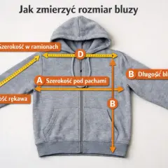 Szara bluza z kapturem z miarką i oznaczeniami wymiarów: A, B, C, D.