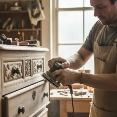 Artisan ponçant un meuble en bois sculpté, la poussière volant dans l'air.