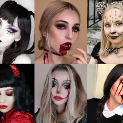 Sei donne con diversi look di trucco halloween: vampiro, gatto, diavoletto, clown e gotico. Un trucco halloween donna semplice ma d'effetto.