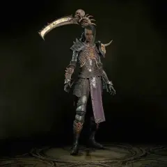 Postacie z Diablo 4: wojowniczka w zbroi z kości i czaszek, z kosą na ramieniu.