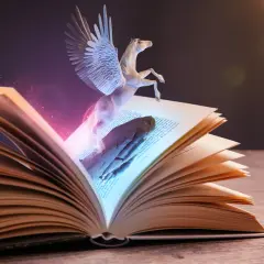 Pegaz wylatuje z otwartej księgi, symbolizując najlepsze książki fantasy. Magiczne światło otacza skrzydlatego konia.
