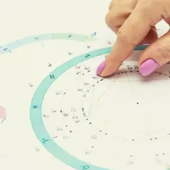 Dłoń z różowym lakierem wskazuje na wykres astrologiczny. Widać symbole zodiaku, w tym Ryby i Baran, sugerujące analizę horoskopu na 8 marca.