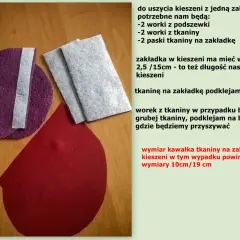Materiały do uszycia kieszeni z wypustką: fioletowy element z taśmą, dwa szare prostokąty, czerwony półokrąg.
