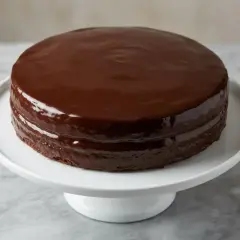 Gâteau chocolat sans oeuf, deux couches de gâteau moelleux recouvertes d'un glaçage au chocolat brillant et lisse, présenté sur un plat à gâteau blanc.