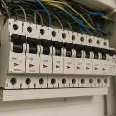 Panel z bezpiecznikami, gdzie widać dźwignie do wyłączenia korków w mieszkaniu.