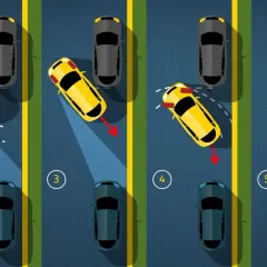 Illustration montrant les étapes pour un stationnement en épi ou en bataille. Une voiture jaune manœuvre entre des voitures grises et bleues.