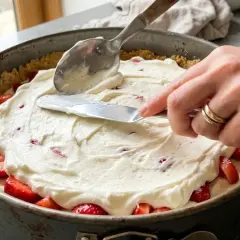 Ręce wygładzają krem na truskawkach w formie. Powstaje pyszny truskawkowiec bez pieczenia.