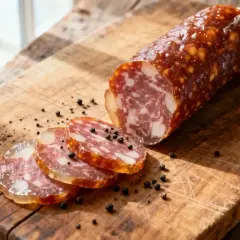 Tranché sur une planche en bois, un saucisson sec aux grains de poivre noir. Une recette simple pour un plaisir authentique.