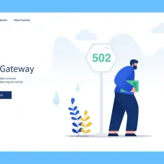 Mężczyzna z teczką mija znak "502 Bad Gateway". Strona informuje o błędzie.