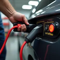Dłoń podłącza czerwony kabel prostownika do gniazda ładowania samochodu.