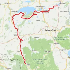Mapa z zaznaczoną na czerwono żelazną trasą rowerową, prowadzącą przez Beskid Śląski, od Wisły do Goczałkowic-Zdroju.