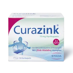 Curazink Hartkapseln mit Zink-Histidin-Komplex zur Behandlung von Zinkmangel. Die zink tabletten wirkung unterstützt den Körper. 1x täglich einnehmen.