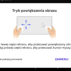 Grafika przedstawia okno dialogowe z instrukcją obsługi zdalnego pulpitu, pokazujące gesty dotykowe.