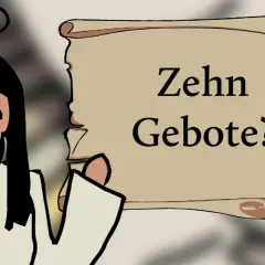Jesus mit Heiligenschein präsentiert eine Schriftrolle mit der Frage "Zehn Gebote?".