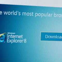Ekran z napisem "The world's most popular browser" i logo Internet Explorer 8. Obok przycisk "Download now".