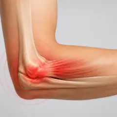 Anatomical view of an elbow joint showing inflammation and pain. Red highlights indicate the area of discomfort, suggesting a potential **ból łokcia**.